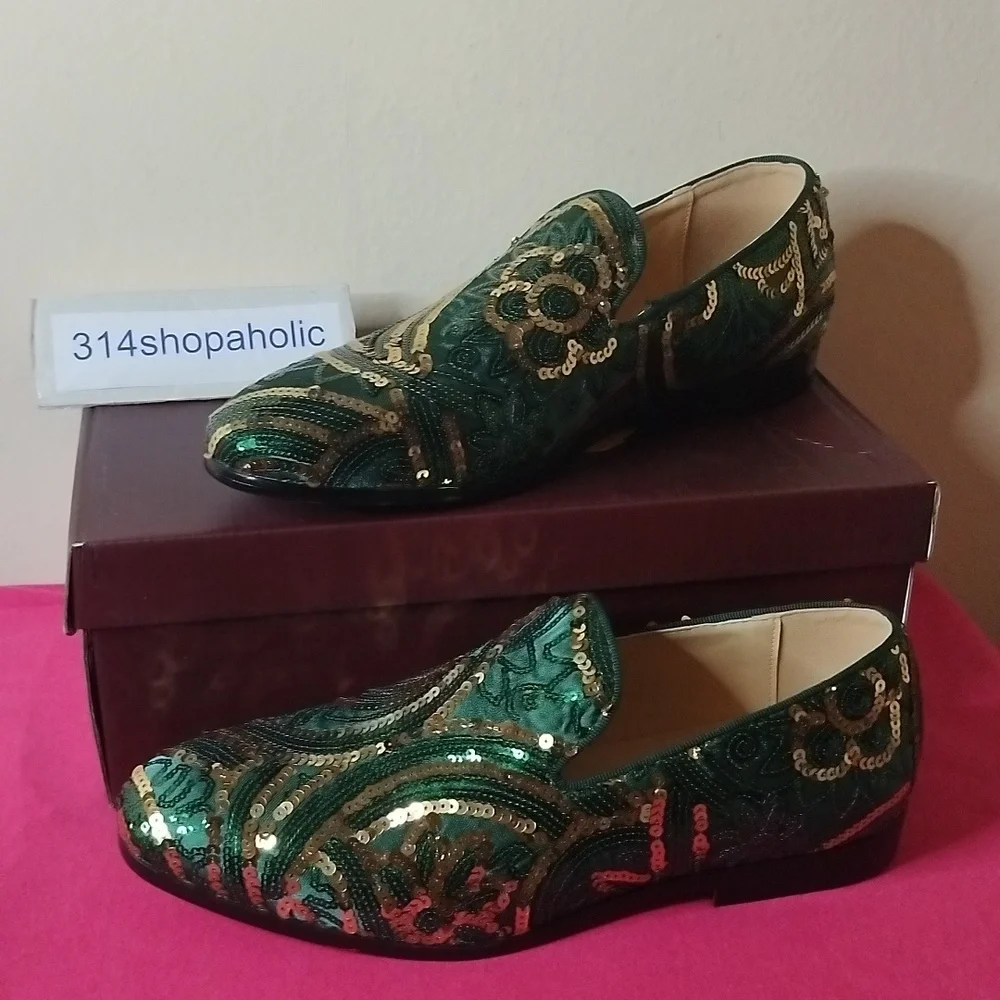 Mens Green / Gold Sequin Loafers - Picture 1 of 6